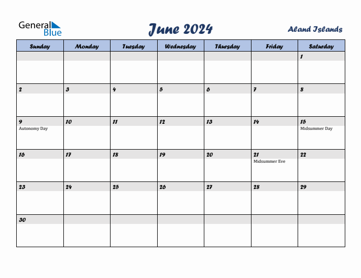 June 2024 Calendar with Holidays in Aland Islands
