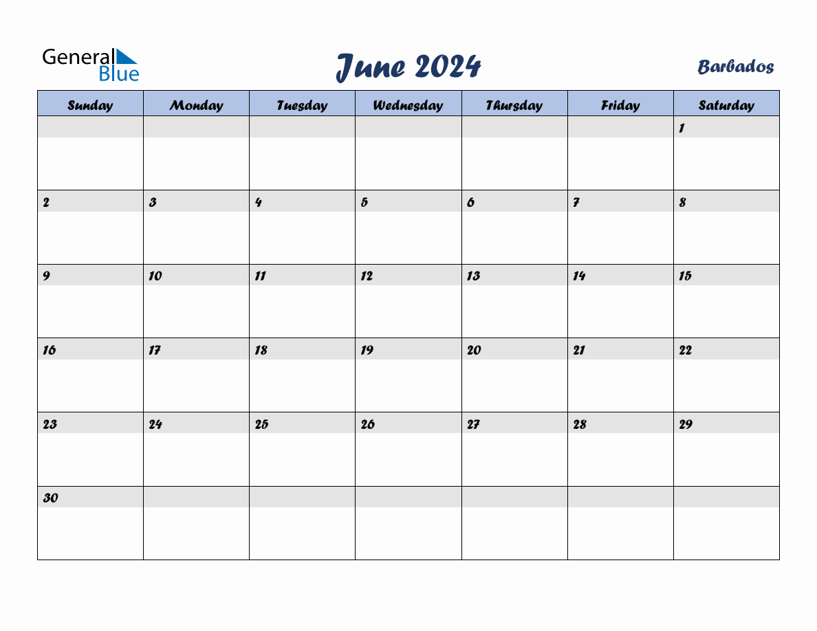 June 2024 Monthly Calendar Template with Holidays for Barbados