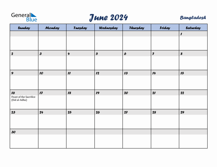 June 2024 Calendar with Holidays in Bangladesh