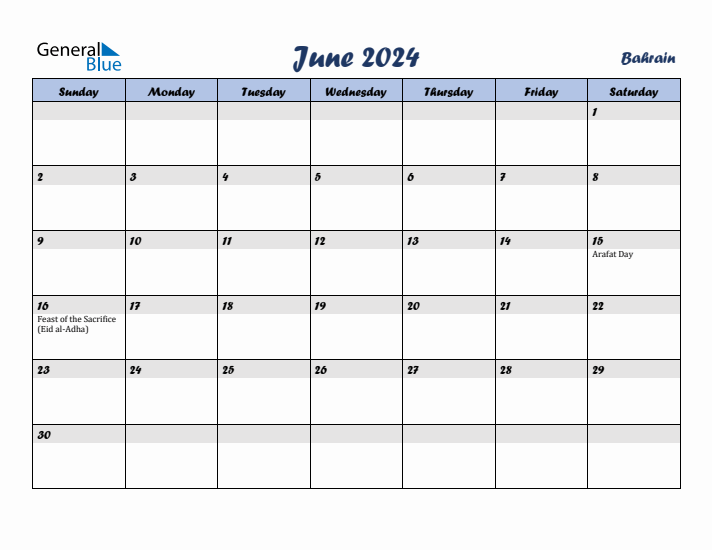 June 2024 Calendar with Holidays in Bahrain