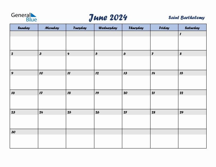June 2024 Calendar with Holidays in Saint Barthelemy