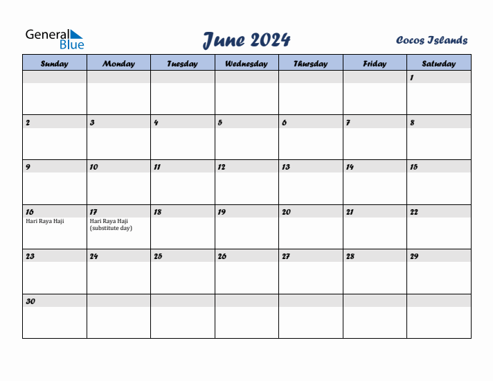 June 2024 Calendar with Holidays in Cocos Islands