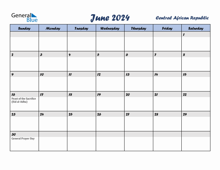 June 2024 Calendar with Holidays in Central African Republic