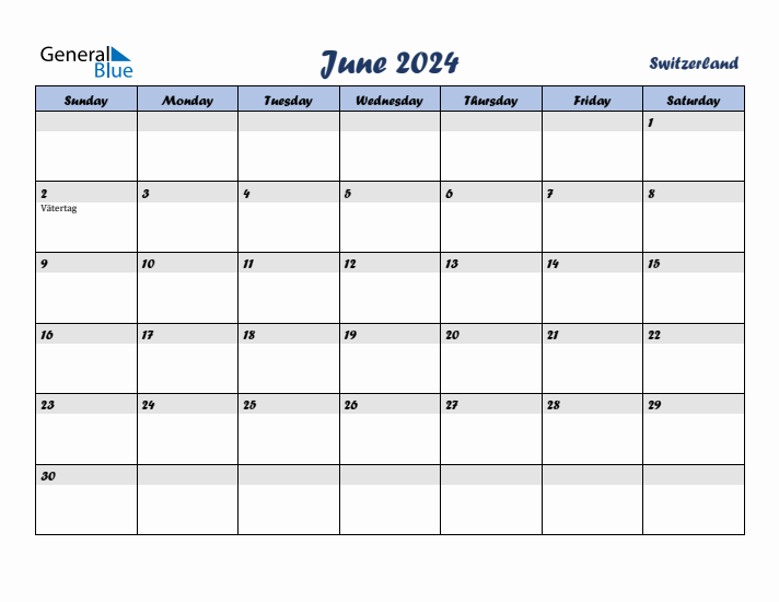 June 2024 Calendar with Holidays in Switzerland