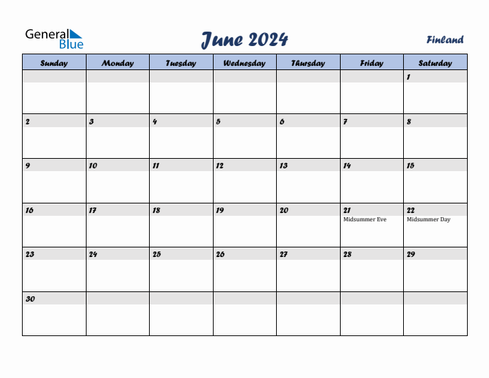 June 2024 Calendar with Holidays in Finland