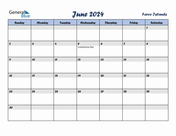 June 2024 Calendar with Holidays in Faroe Islands