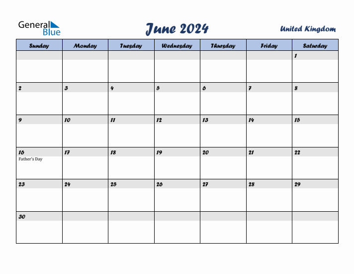 June 2024 Calendar with Holidays in United Kingdom