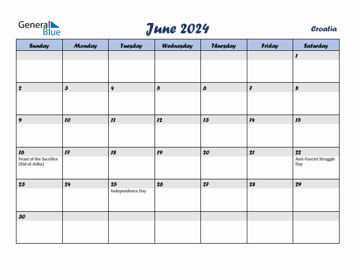 June 2024 Calendar with Holidays in Croatia