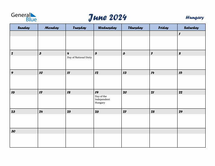 June 2024 Calendar with Holidays in Hungary