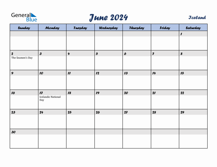 June 2024 Calendar with Holidays in Iceland