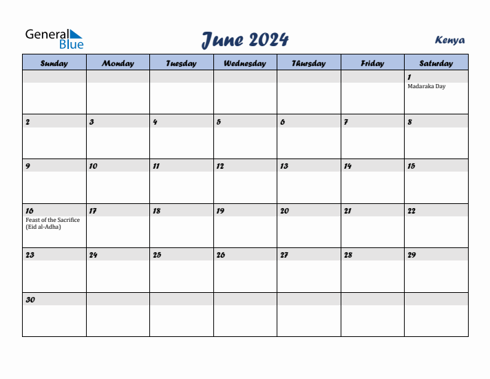 June 2024 Calendar with Holidays in Kenya