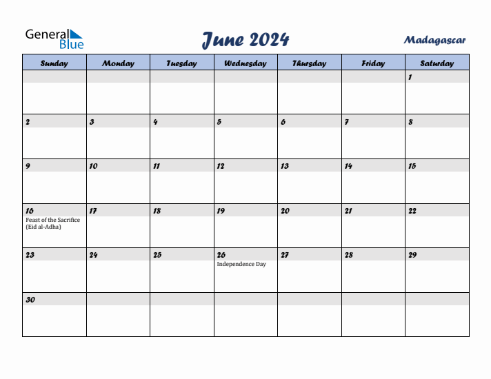 June 2024 Calendar with Holidays in Madagascar