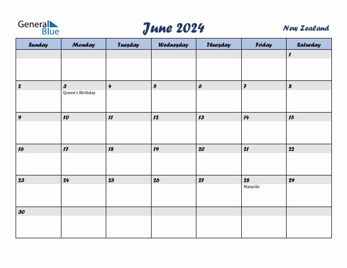 June 2024 Calendar with Holidays in New Zealand