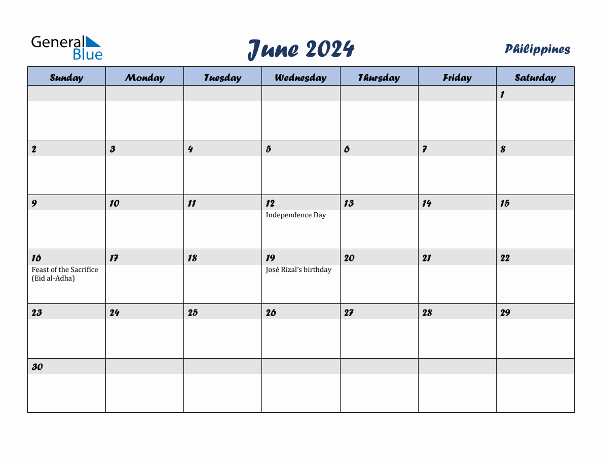 June 2024 Monthly Calendar Template with Holidays for Philippines