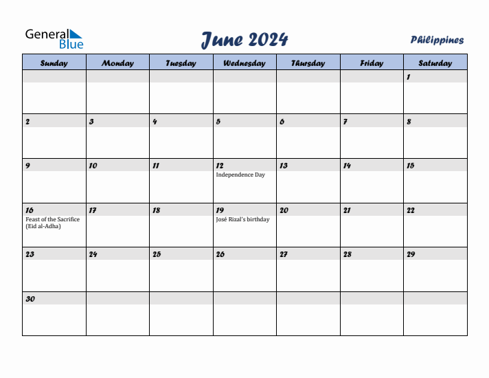 June 2024 Calendar with Holidays in Philippines