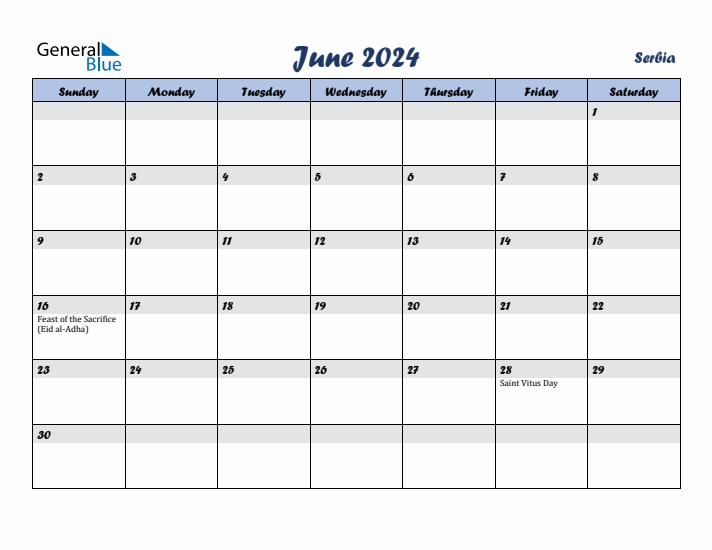 June 2024 Calendar with Holidays in Serbia