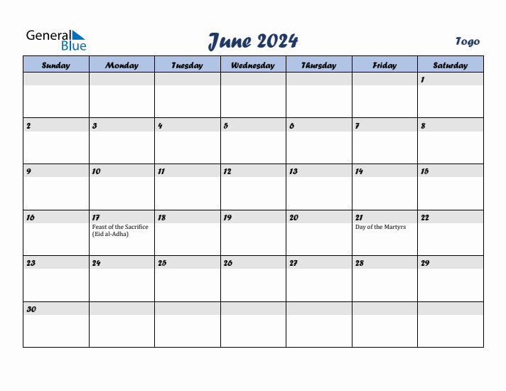 June 2024 Calendar with Holidays in Togo