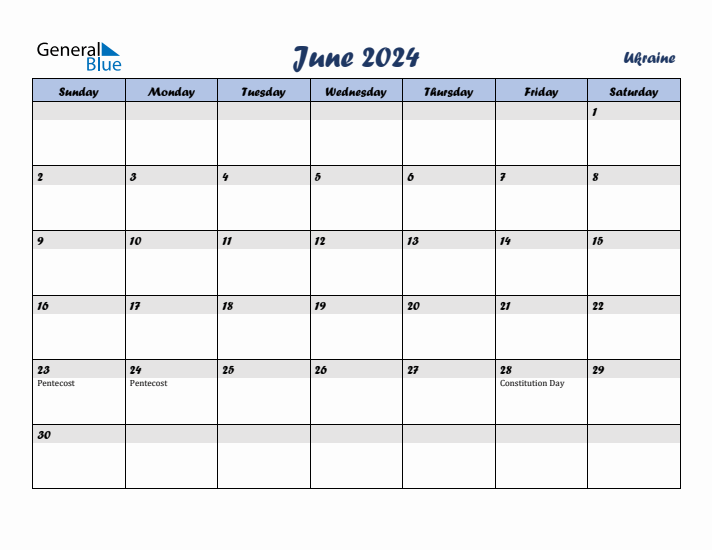 June 2024 Calendar with Holidays in Ukraine