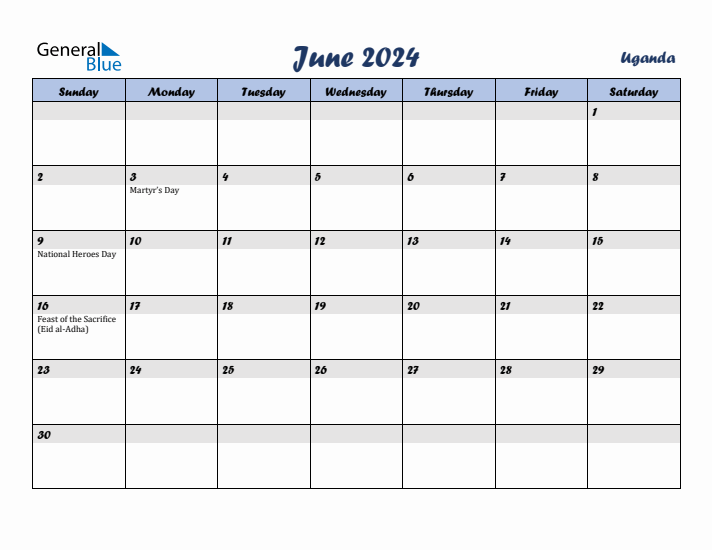 June 2024 Calendar with Holidays in Uganda
