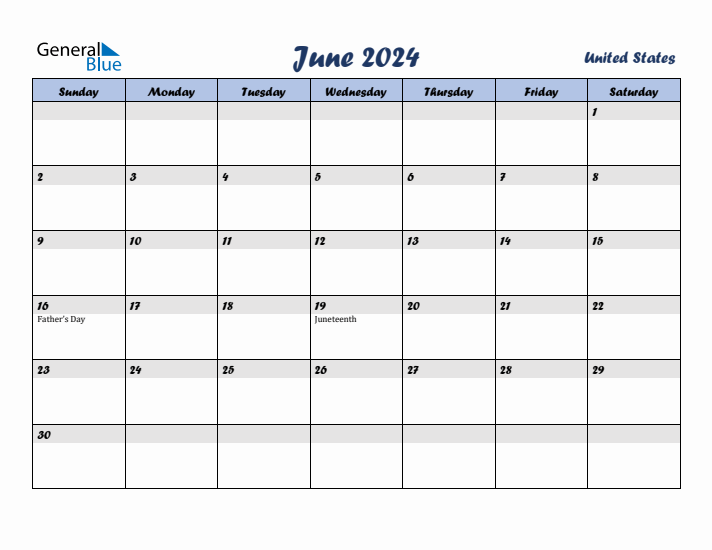 June 2024 Monthly Calendar with United States Holidays