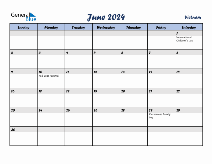 June 2024 Calendar with Holidays in Vietnam