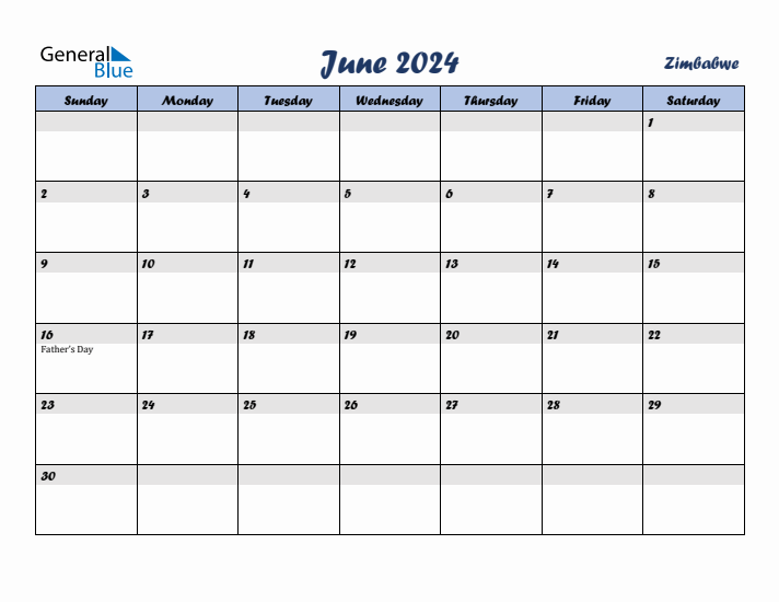 June 2024 Monthly Calendar Template with Holidays for Zimbabwe