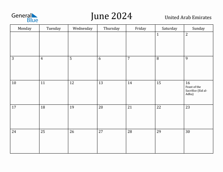 June 2024 United Arab Emirates Monthly Calendar with Holidays