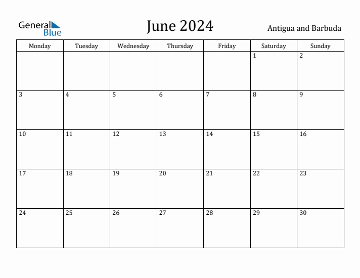 June 2024 Calendar Antigua and Barbuda