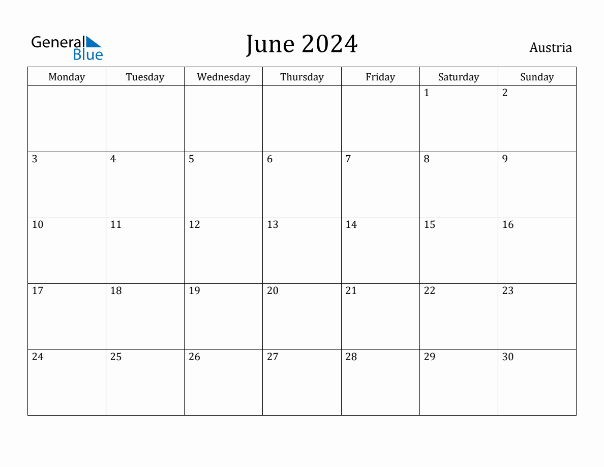 June 2024 Austria Monthly Calendar with Holidays