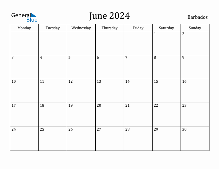 June 2024 Barbados Monthly Calendar with Holidays