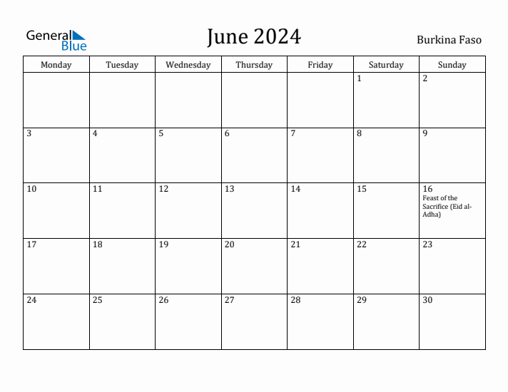 June 2024 Calendar Burkina Faso