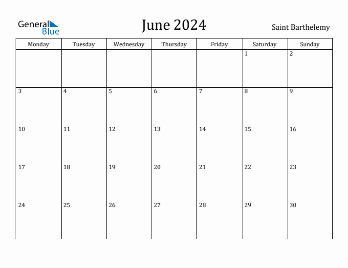 June 2024 Calendar Saint Barthelemy