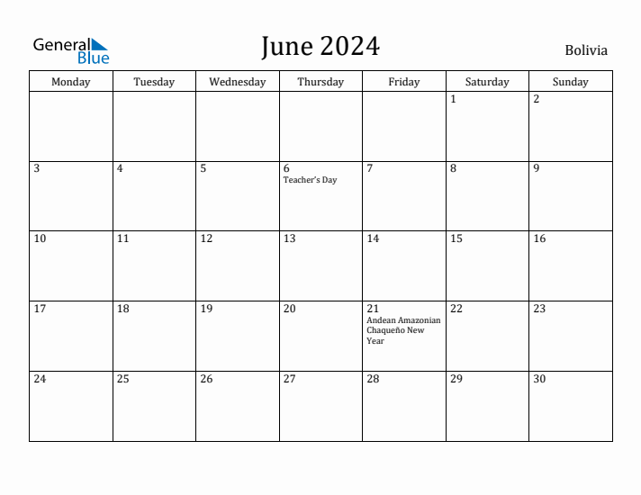 June 2024 Calendar Bolivia
