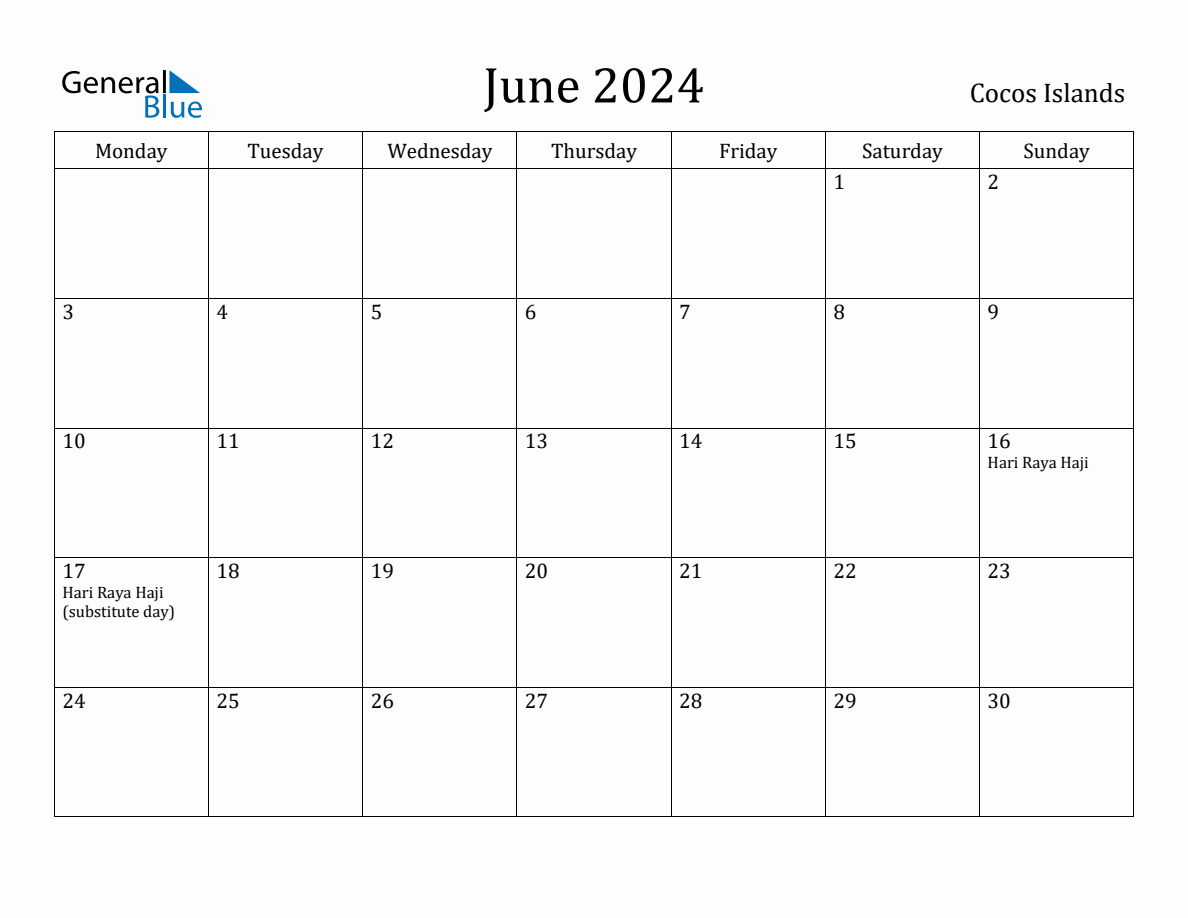 June 2024 Monthly Calendar with Cocos Islands Holidays