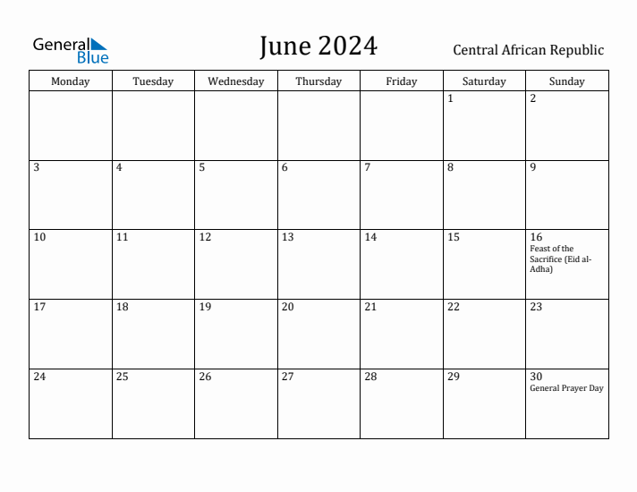 June 2024 Calendar Central African Republic