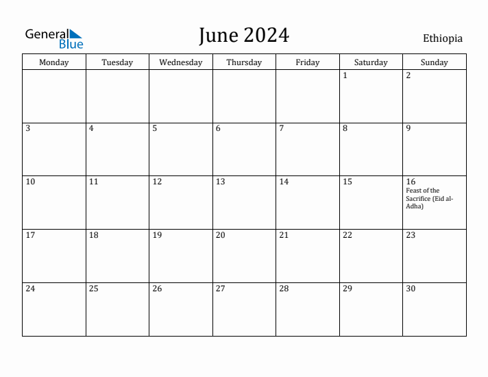 June 2024 Ethiopia Monthly Calendar with Holidays