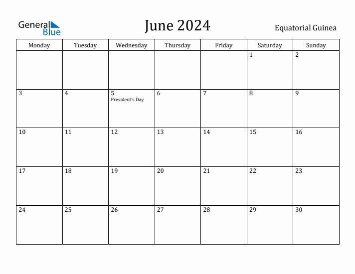 June 2024 Calendar Equatorial Guinea