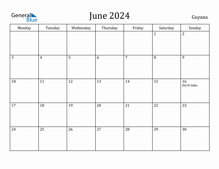 June 2024 Guyana Monthly Calendar with Holidays