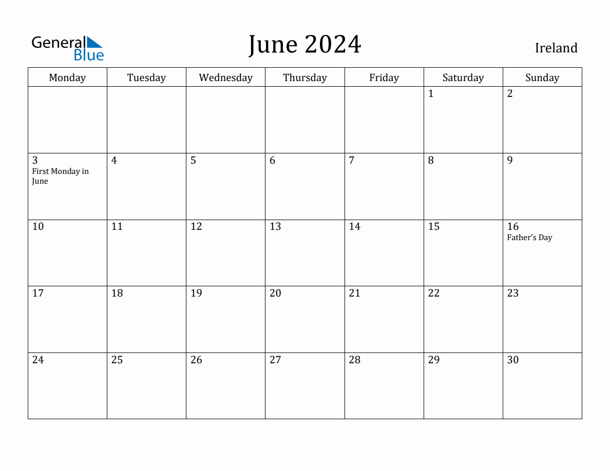 June 2024 Ireland Monthly Calendar with Holidays
