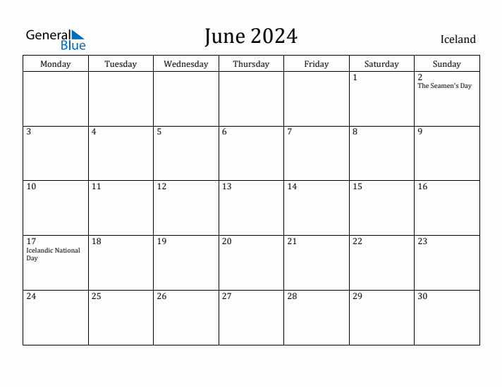 June 2024 Calendar Iceland