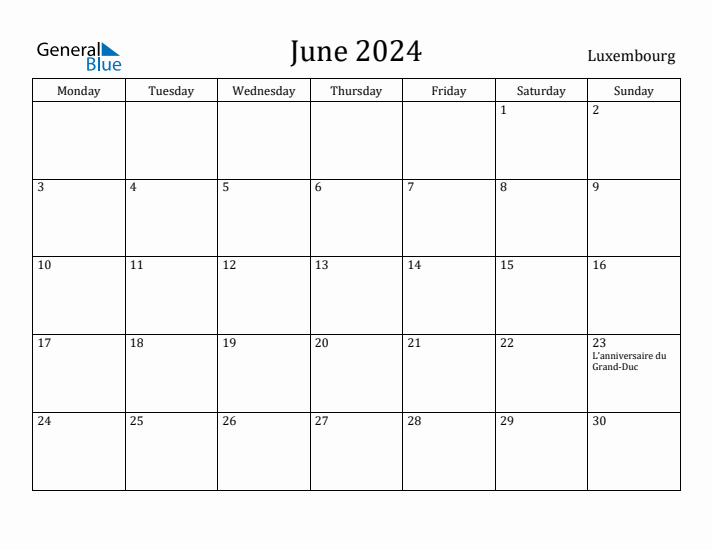 June 2024 Luxembourg Monthly Calendar with Holidays