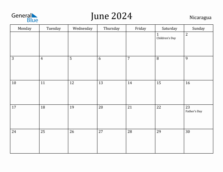 June 2024 Calendar Nicaragua