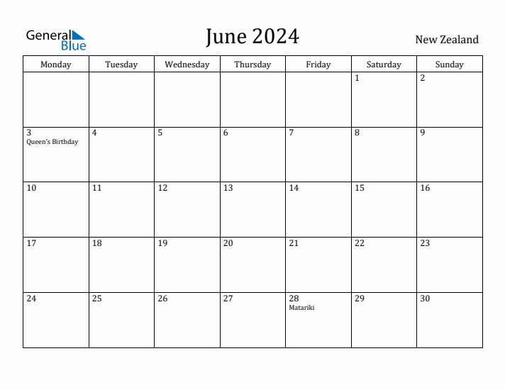 June 2024 Calendar New Zealand
