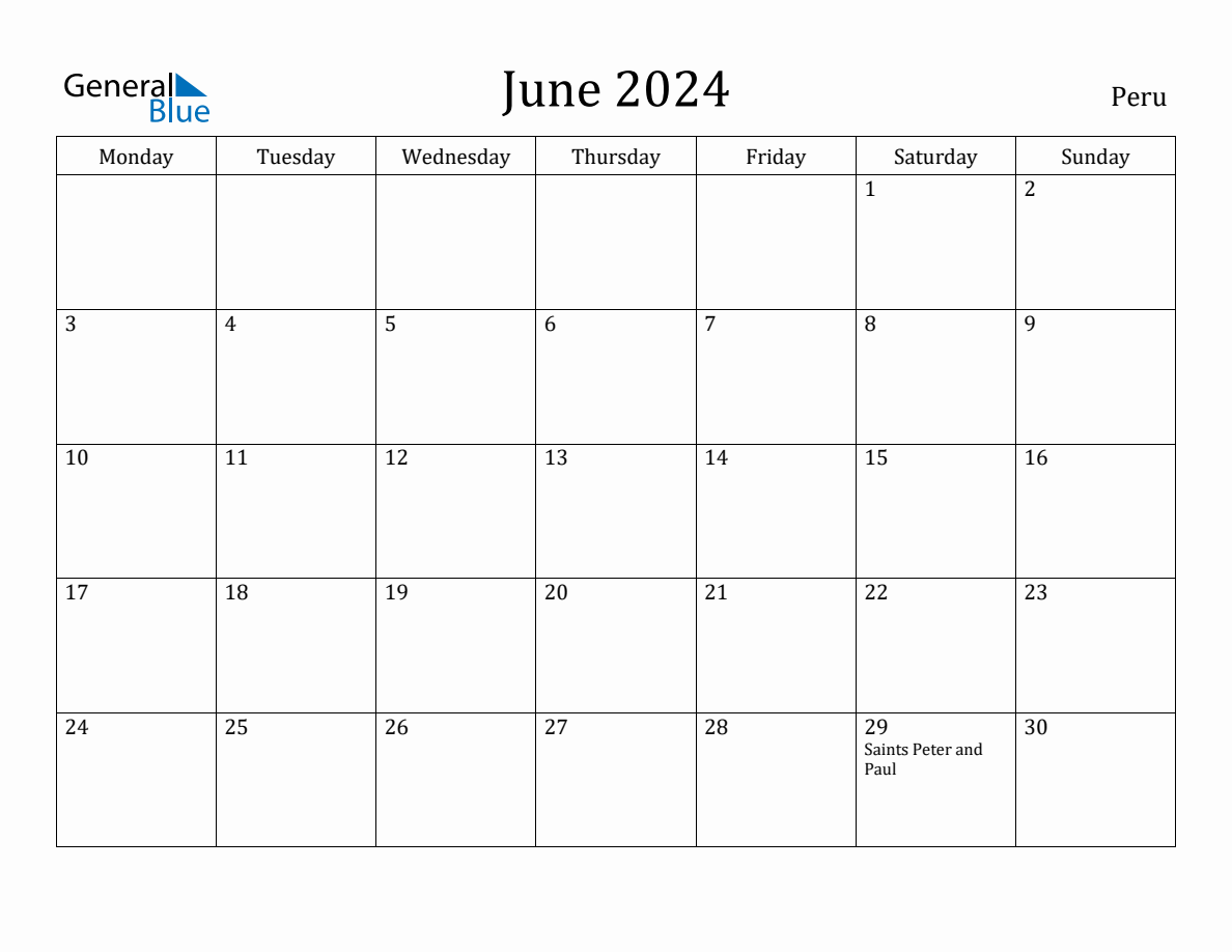 June 2024 Peru Monthly Calendar with Holidays