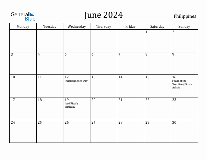 June 2024 - Philippines Monthly Calendar with Holidays