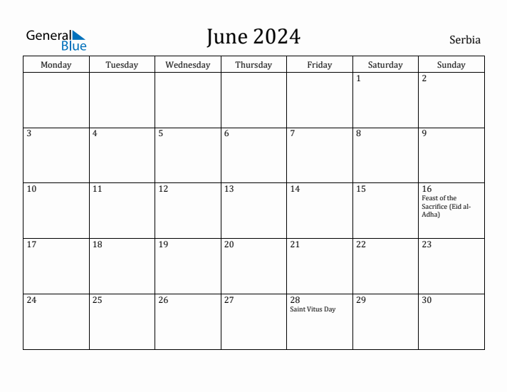 June 2024 Calendar Serbia