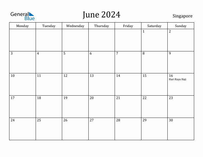 June 2024 Singapore Monthly Calendar with Holidays