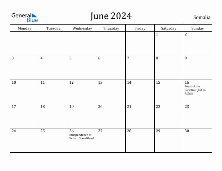 June 2024 Calendar Somalia