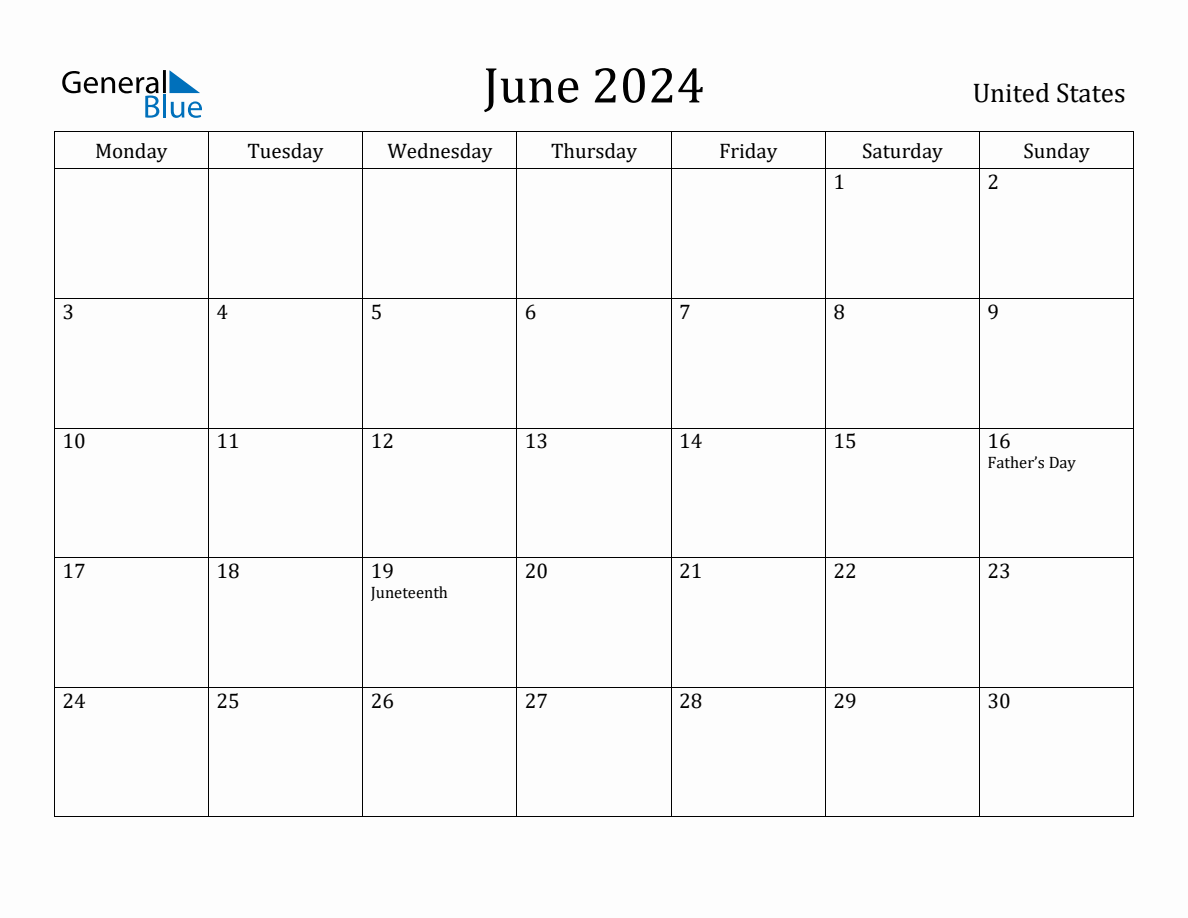 June 2024 United States Monthly Calendar with Holidays