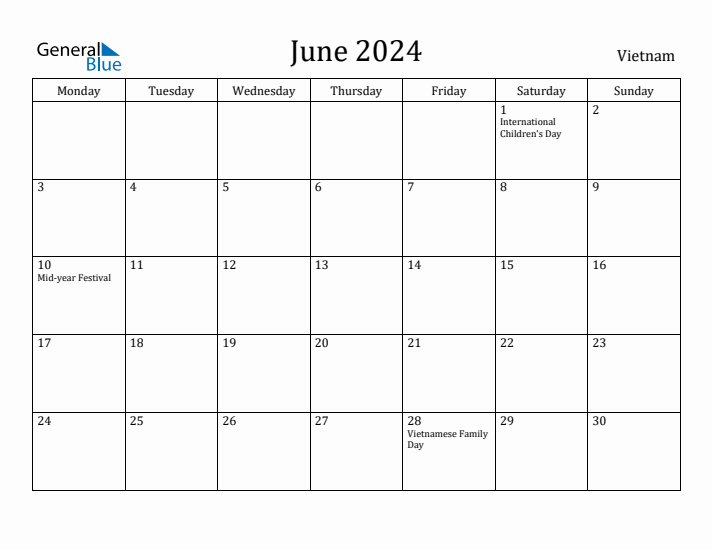 June 2024 Calendar Vietnam